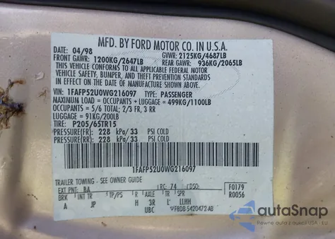 1998 Ford Taurus Lx/Se from USA, damaged, VIN 1FAFP52U0WG216097